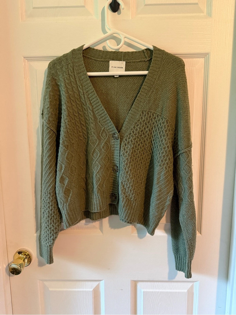 Pink Rose Sage Green Cable Knit Button Cardigan